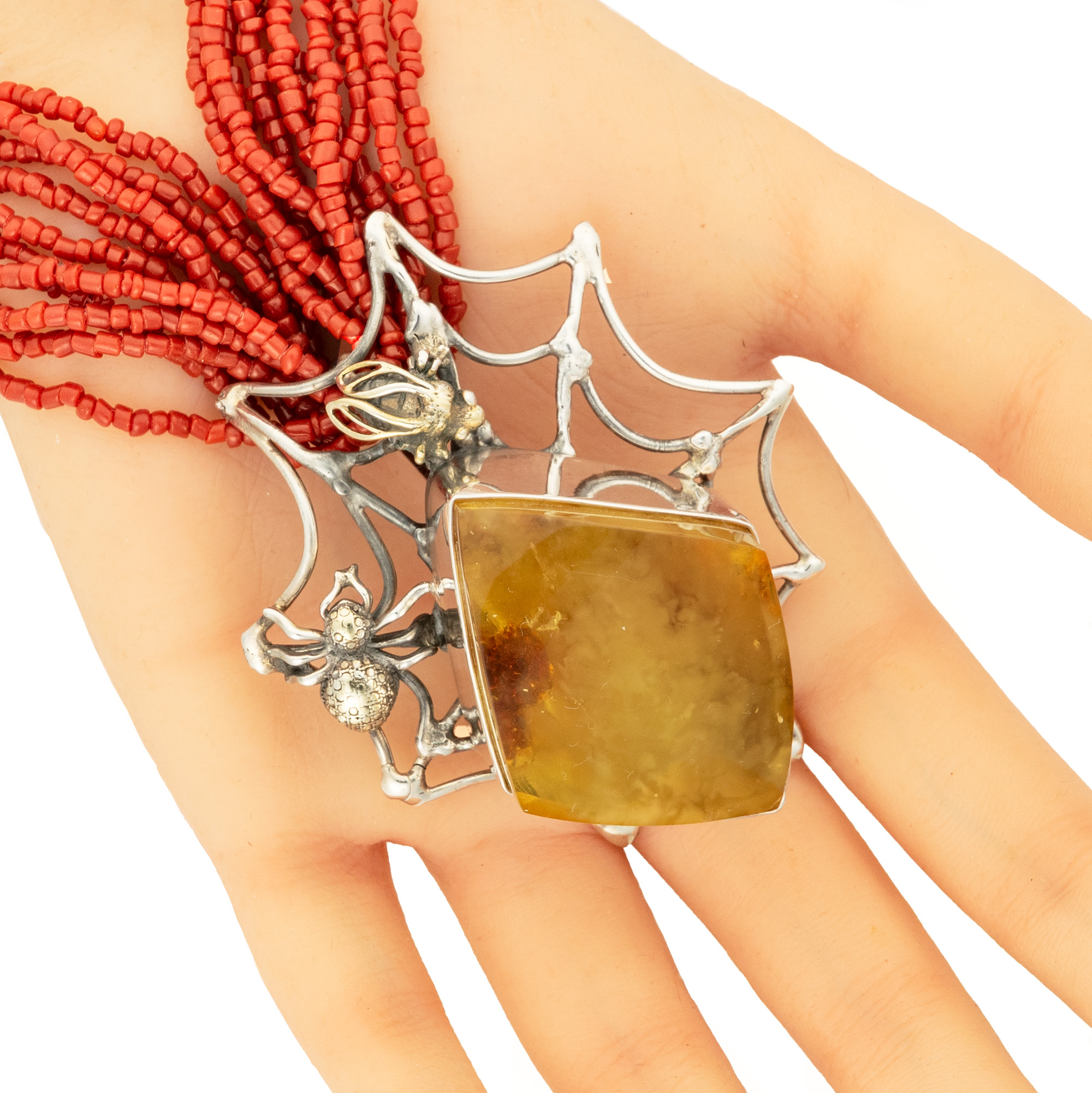 Sterling Silver and Baltic Amber Pendant with Spider and Fly 6